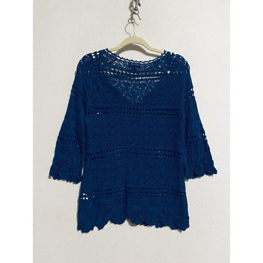Lucky Brand Sweater Womens Medium Crochet Open Knit 3/4 Sleeve Tassel Tie Boho - Picture 5 of 9